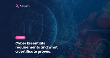 A digital security graphic featuring a translucent globe and a padlock shield icon, alongside text about Cyber Essentials requirements and certificates.