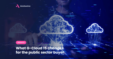 A person interacting with digital displays of cloud computing icons and data streams, illustrating an insights article on G-Cloud 15 changes for public sector buyers.