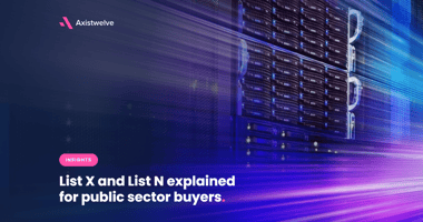 Server racks illuminated by dynamic blue and purple light streaks, accompanying an article explaining List X and List N security clearances for public sector buyers.