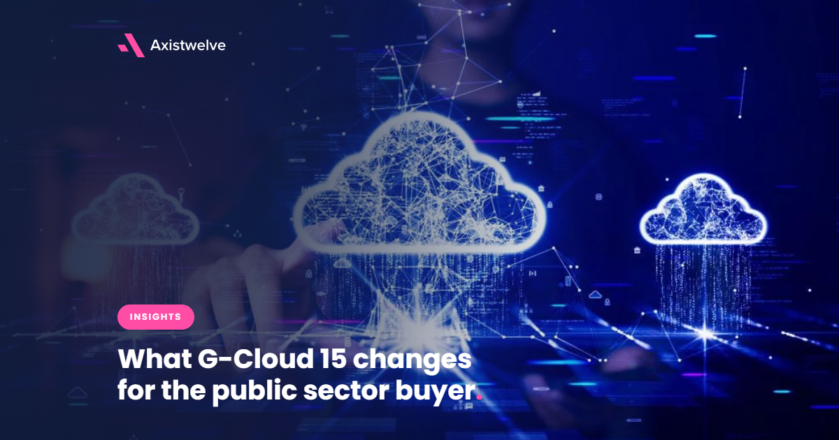 A person interacting with digital displays of cloud computing icons and data streams, illustrating an insights article on G-Cloud 15 changes for public sector buyers.