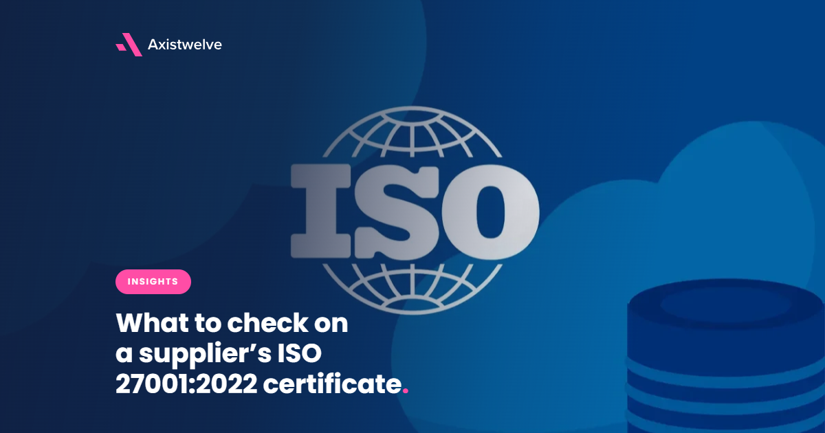An ISO logo overlaying a globe and digital cloud graphic, accompanying an article on what to check on a supplier's ISO 27001:2022 certificate.