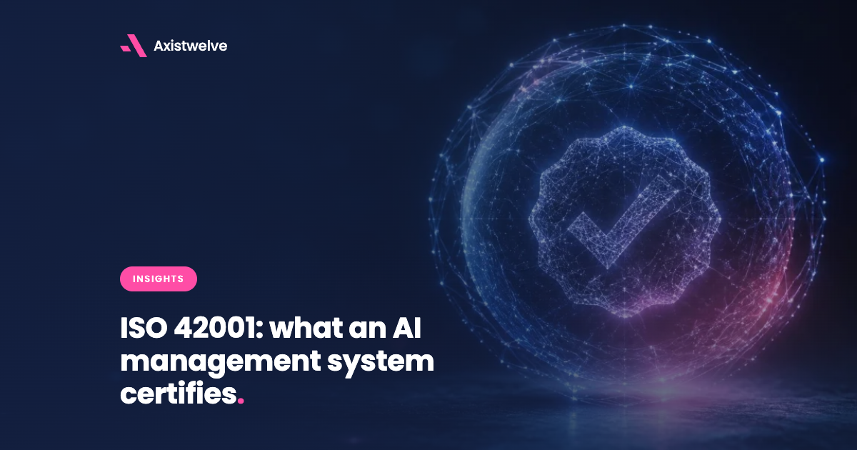 Axistwelve Insights banner for ISO 42001 AI management system certification, featuring a glowing network sphere and a certified checkmark emblem.