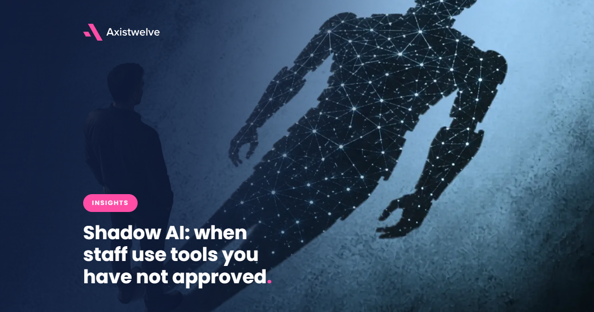 A person standing and looking at a large, interconnected network shadow of a humanoid figure on a wall, illustrating an insights article on Shadow AI risks in the workplace.